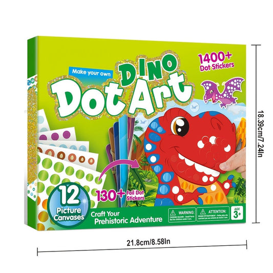 Dinosaur Dot Sticker Art Kit for Kids – 12 Double-Sided Canvases, 1,400+ Dot Stickers