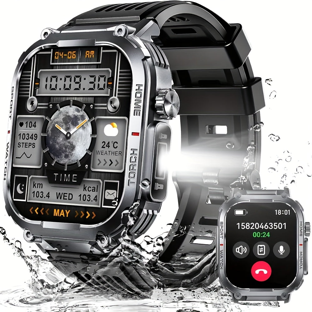 Flashlight Compass Outdoor Smartwatch for Men Waterproof 100+ Sport Modes Sleep Monitor Pedometer Calorie Tracker Rugged Hiking Camping Fitness Watch Compatible with iPhone – Black Pink Beige Orange