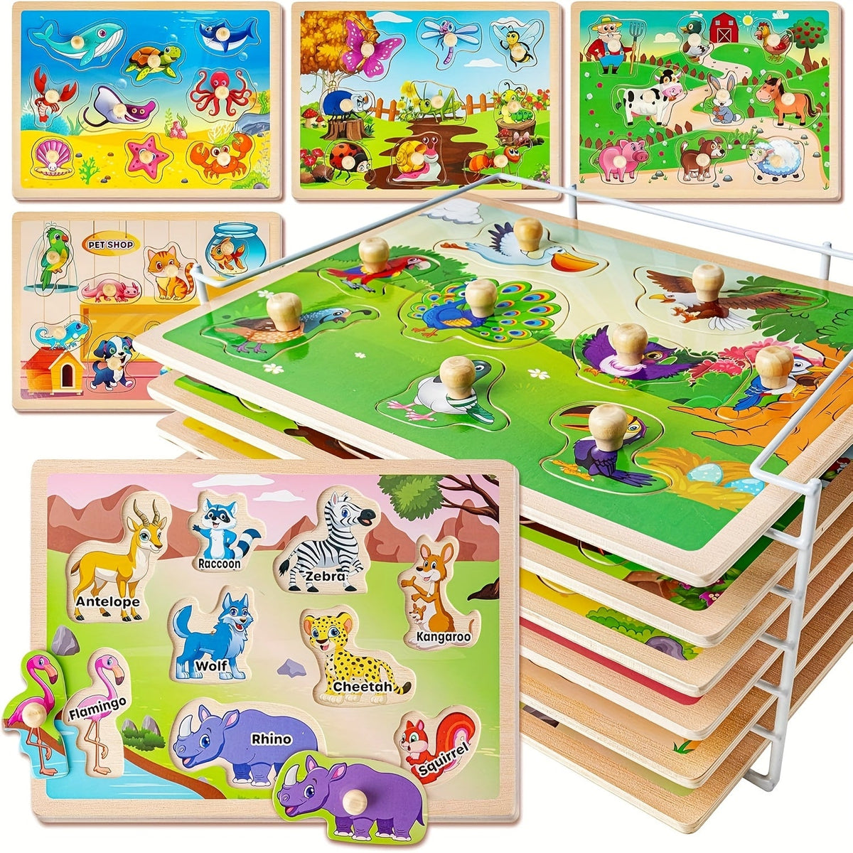 Wooden Toddler Puzzle Set with Storage Rack, Two Theme Options