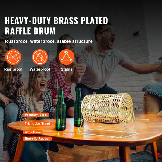 Raffle Drum with Brass-Plated Steel Cage and Wooden Handle, 12-Inch Model