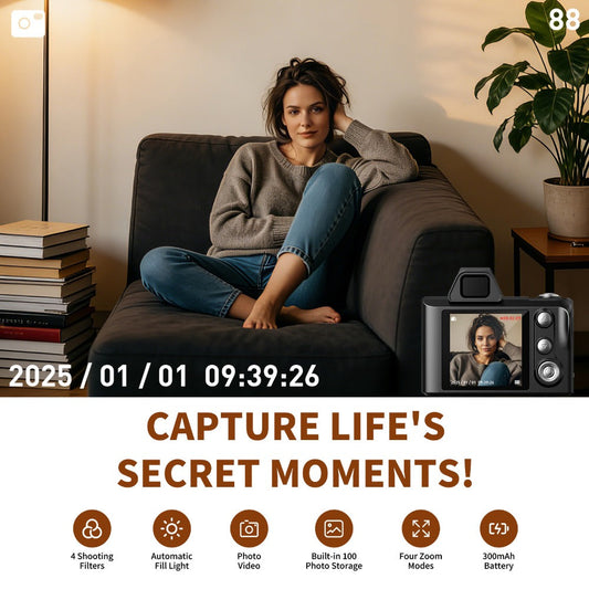 Mini Retro Digital Camera with LED Flash, Creative Filters & 64GB Memory Card