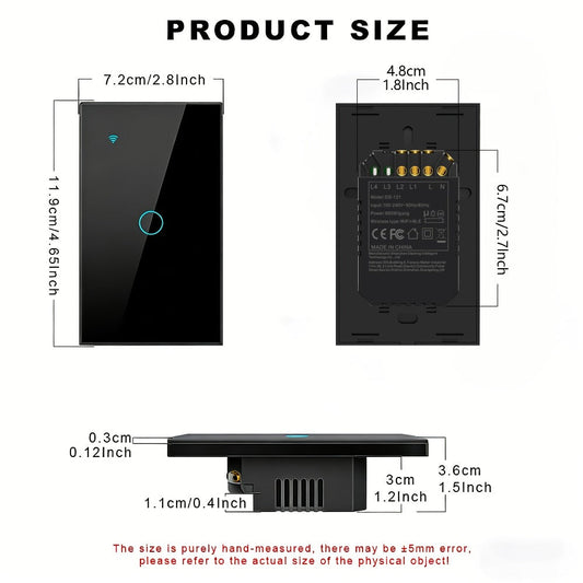 Smart Light Switch with Black Tempered Glass Panel, WiFi App and Voice Control