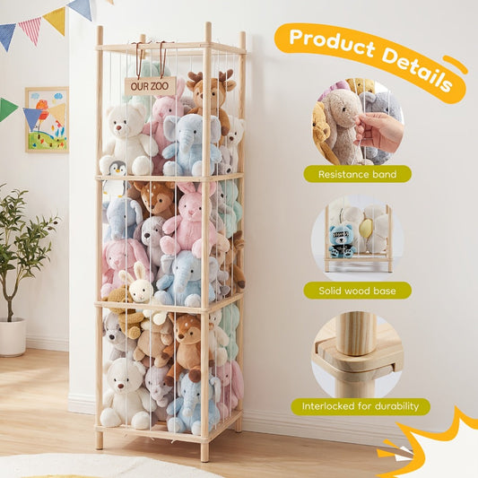 Wooden Stuffed Animal Storage Organizer with Zoo-Style Plush Toy Display