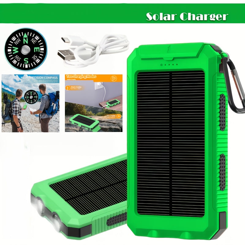 Hiking Solar Power Bank 10000mAh with Compass LED Flashlight & Carabiner Clip – Portable USB Charger for Camping Backpacking Travel Emergency Prep – Works with All Phones, Data Cable & Backpack Hook Included