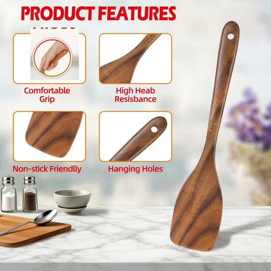 Wooden Cooking Utensils Set, 6-Piece Teak Wood Tools for Stirring, Flipping and Serving