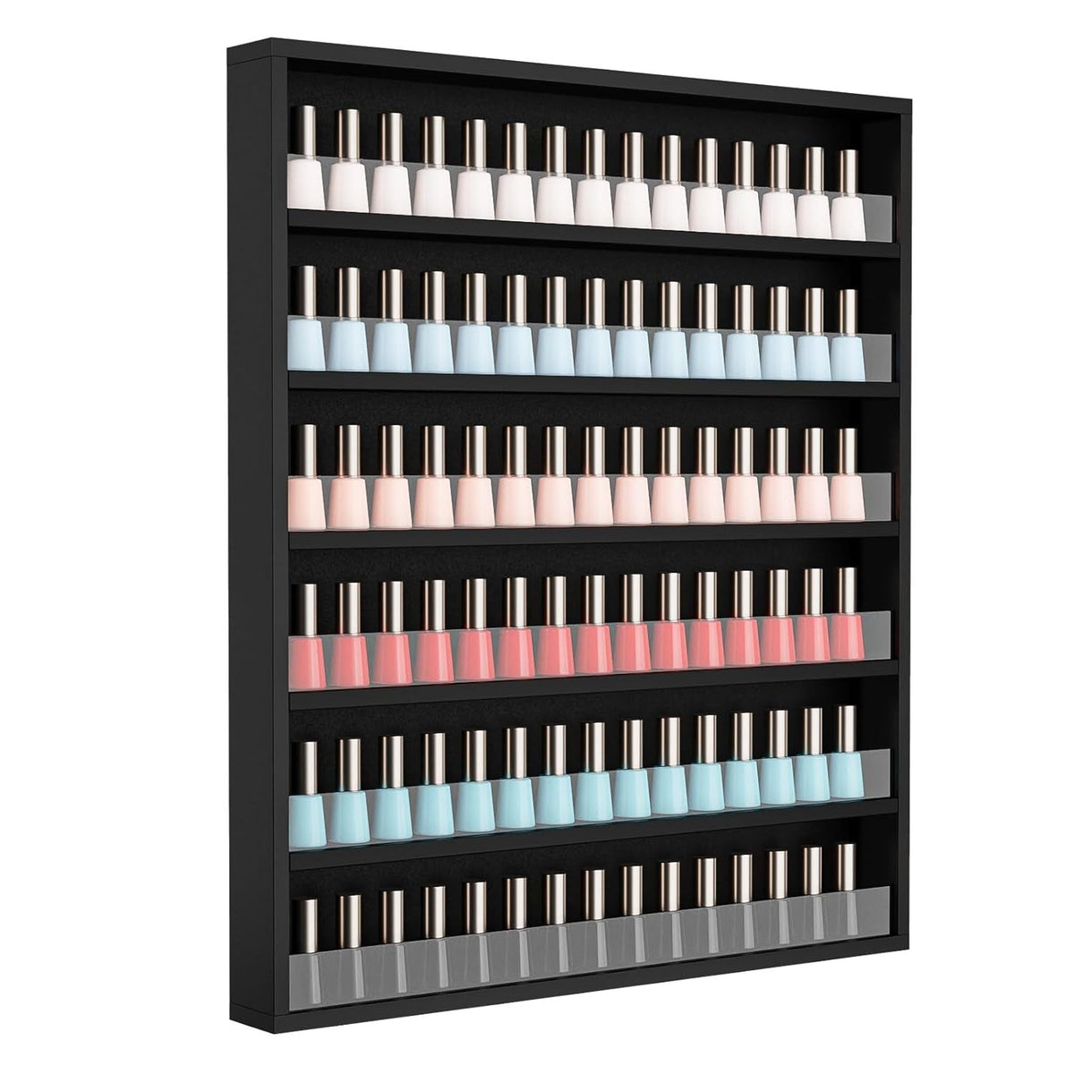 Wall Mount Nail Polish Rack 6 Tier Holds 120 Bottles with Acrylic Baffles — Large Nail Varnish Display Shelf Organizer for Salon Home White Black