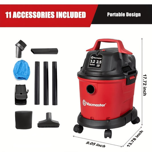 Wall-Mount Wet/Dry Vacuum, 3.2 Gallon, 2.5 Peak HP with Cloth Filter
