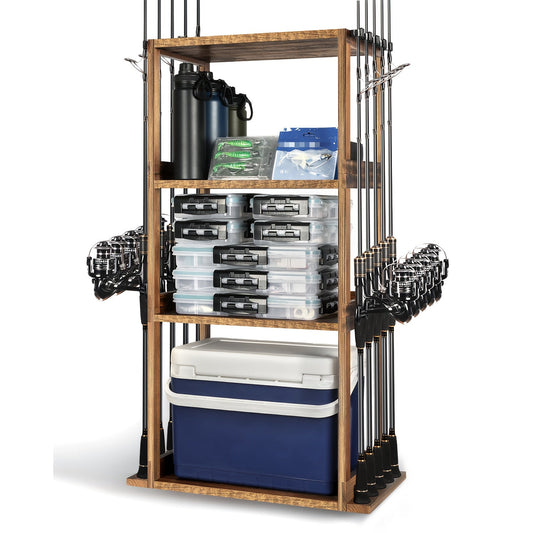Fishing Rod Storage Rack for Up to 10 Rods with Tackle Shelves, Brown