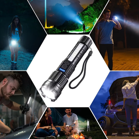 Rechargeable LED and COB Flashlight with Adjustable Floodlight, 1500mAh USB Battery
