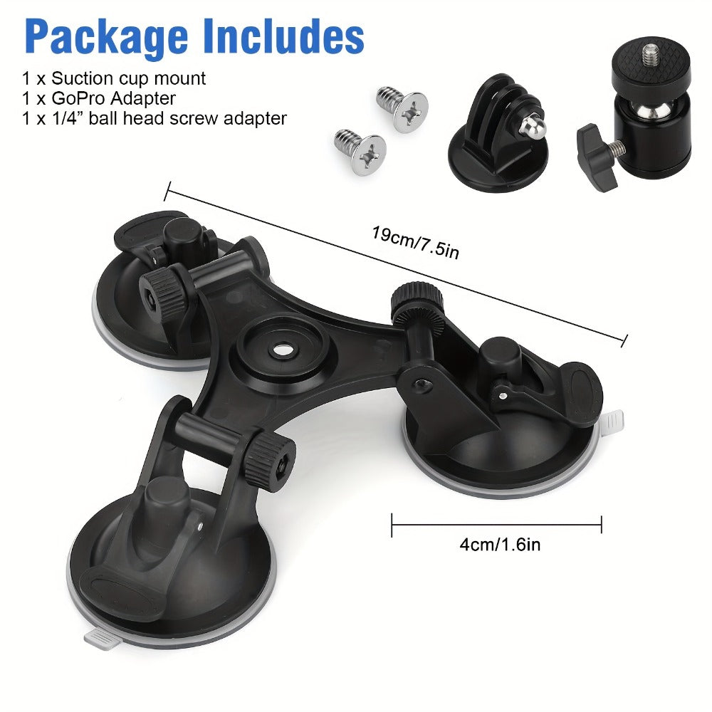 Suction Cup Camera Mount with 3 Bases – Universal 360° Ball Head Car Camera Holder for GoPro Hero 10 9 8 7, Action Cameras, DSLRs & Camcorders, Quick Release, ABS, Smooth Surface Secure Grip
