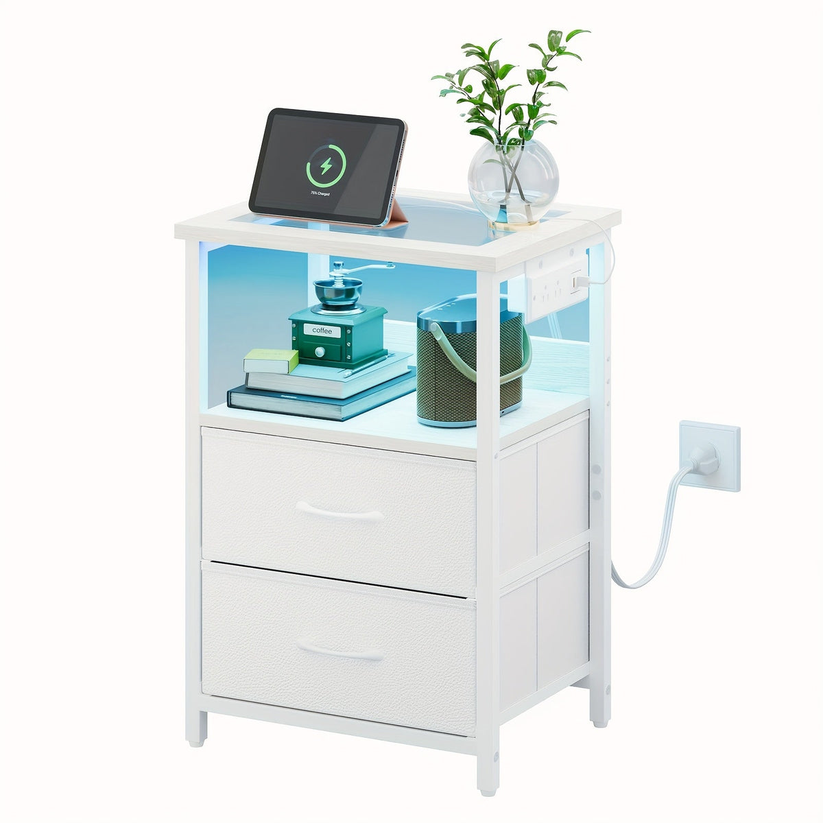 Nightstand with Charging Station & LED Light – USB Ports Outlets Fabric Drawers | PU or Clear Acrylic Desktop | 1pc or 2pcs Matching Set | Smart Bedside Table for Bedroom Dorm Student Room Black White