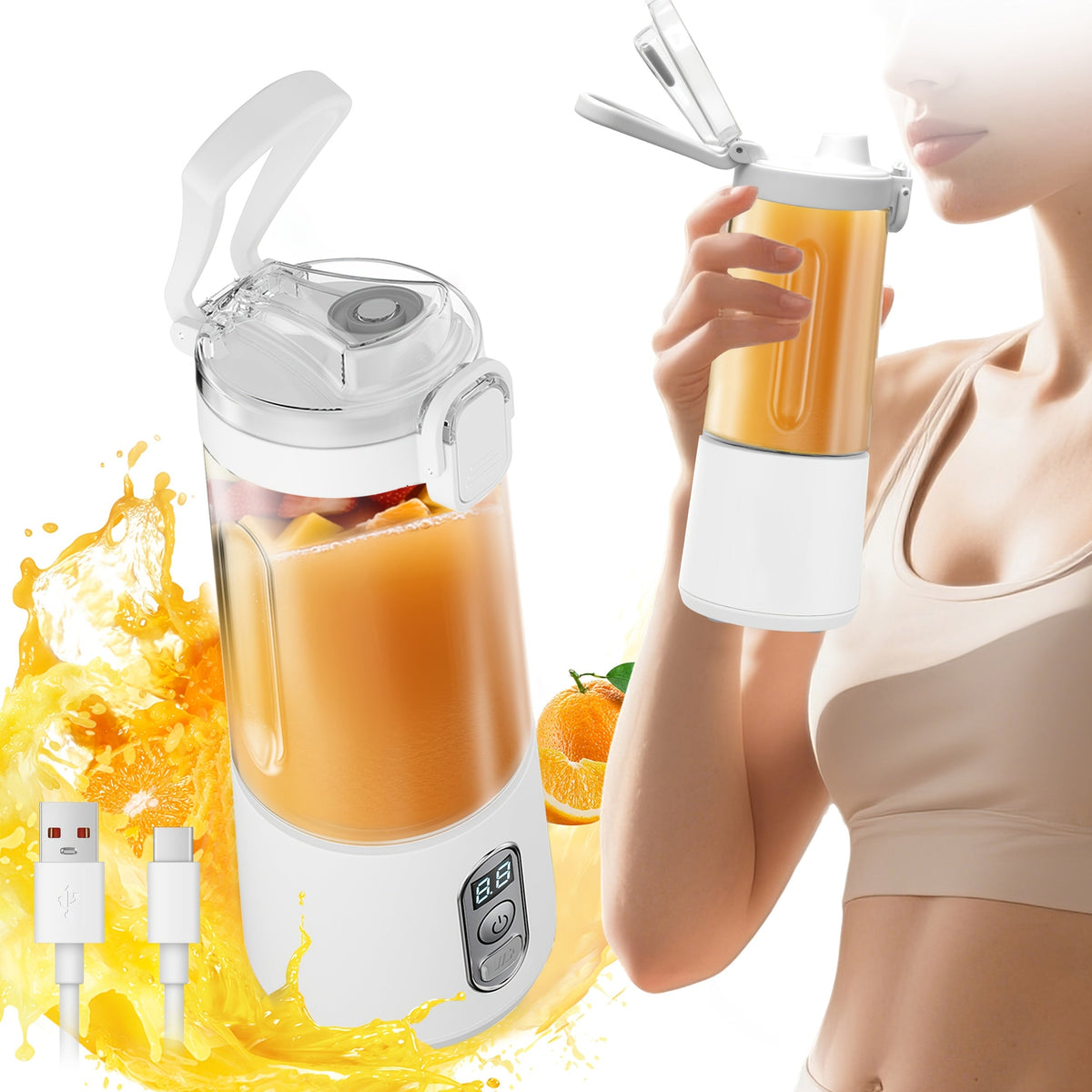 Portable Smoothie Blender USB-C Fast Charge 6-Blade Stainless Steel – Digital Timer Battery Display High-Speed Ice Crush No-Spill Lid | Protein Shake Gym Travel Blender in Black Pink White