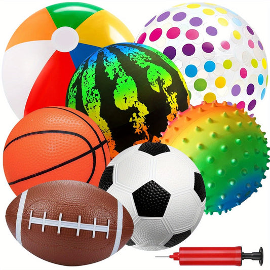 Kids Playground Ball Set, 7-Pack with Air Pump and Assorted Sports Balls