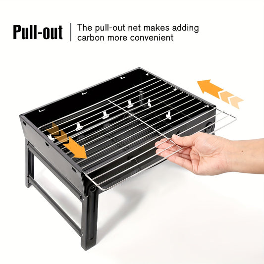Folding Charcoal Grill in Black Iron for Camping, Picnics and Backyard BBQs