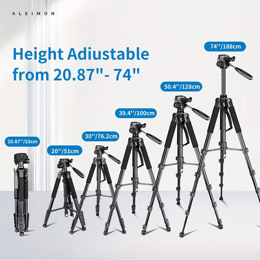 Camera Tripod 74-Inch Aluminum Alloy with 2 Quick Release Plates, Phone Clip & Bag