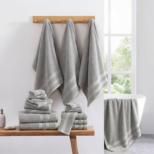 Cotton Bath Towel Set, 12 or 24 Pieces with Hand Towels and Washcloths