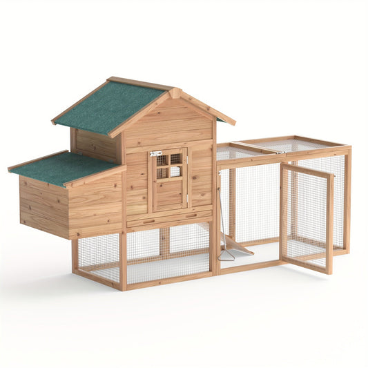 Wooden Chicken Coop with Run, Nesting Box, Ramp and Slide-Out Tray, Brown