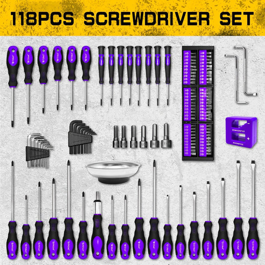 Magnetic Screwdriver Set, 118-Piece with Storage Rack and Tool Bowl, Purple
