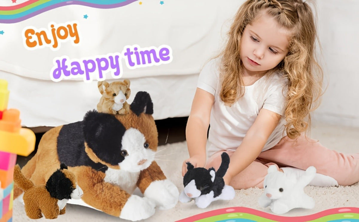 Cat Stuffed Animal Set with Mother Cat and Four Baby Kittens