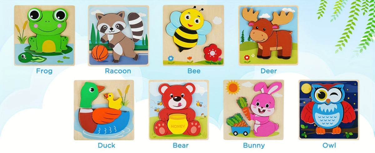 Wooden Animal Puzzles for Toddlers 12 Months+, 8-Pack with Bear, Bunny, Owl, Duck & More
