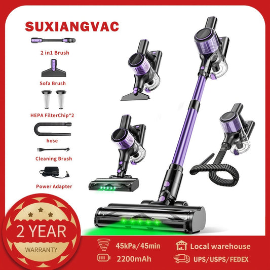 Cordless Stick Vacuum Cleaner with 45 kPa Suction, Anti-Tangle Brush and Green Light