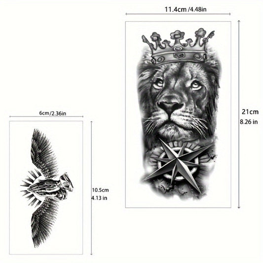 Half Sleeve Temporary Tattoos, 32 Sheets of 3D Realistic Wolf, Lion, Tiger, Skull & Rose Fake Tattoos