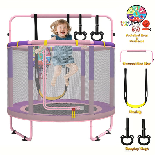 Kids Trampoline, 60-Inch 6-in-1 Activity Set with Enclosure Net, Basketball Hoop and Swing