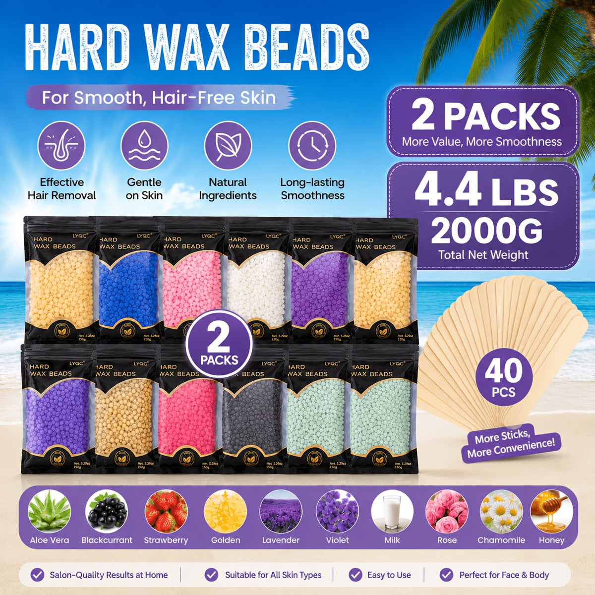Hard Wax Beads for Hair Removal Full Body 1000g/2000g — Professional Waxing Kit with 20 Applicator Sticks, Low Melting Point Beginner-Friendly Depilatory Wax for Sensitive Skin, Unisex Women & Men