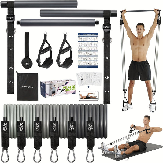 Pilates Bar Kit with Natural Latex Resistance Bands and Adjustable Length