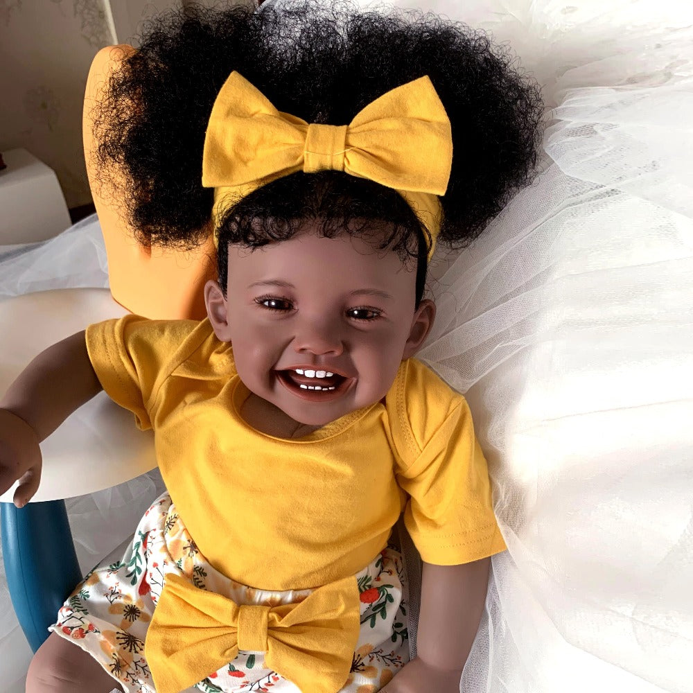 24-Inch Black Reborn Baby Girl Doll with Rooted Hair and Cloth Body