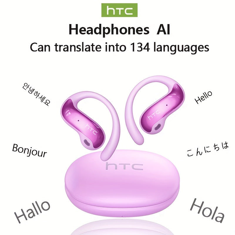 HTC NE19 AI Translation Earbuds TWS 134 Languages, Open-Ear Wireless Bluetooth 5.4 HiFi Audio, Long Battery Life Hands-Free Earphones for Travel Business Sports Casual Daily Use