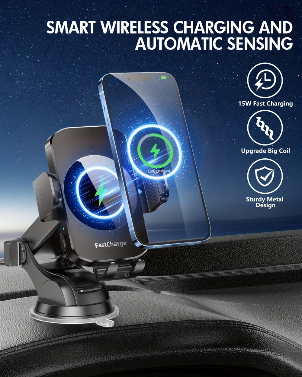 Wireless Car Charger Mount 15W Auto-Clamping – Fast Charge Phone Holder for iPhone 17 16 15 14 13 12 Pro Max, Samsung Galaxy S24 S23 S22 S21 S10 & All Qi Phones | USB-C Dashboard & Vent Mount