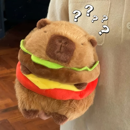 Capybara Plush Toy, Burger Hat or Hamburger Style, Soft Kawaii Novelty