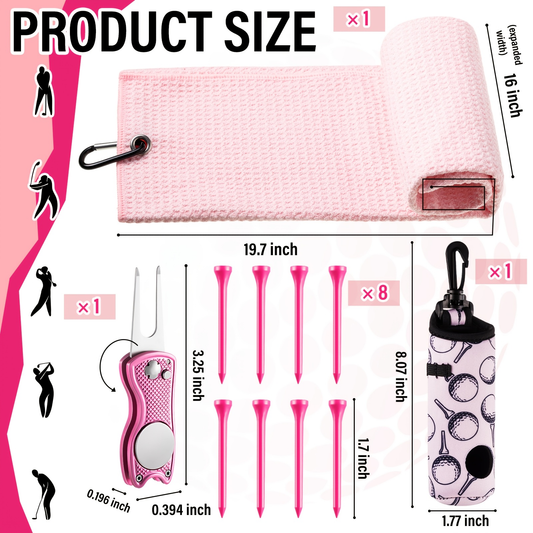 Golf Accessories Gift Set in Pink, 12 Pieces with Tees, Towel and Divot Tool