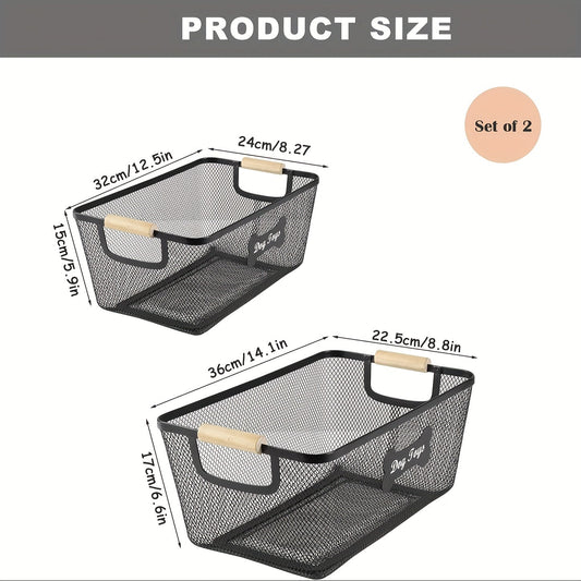 Dog Toy Storage Baskets with Wooden Handles, Black Metal Mesh, 2-Pack