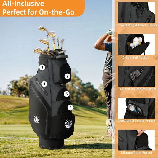 Golf Cart Bag with 14-Way Full-Length Dividers, 8 Zippered Pockets and Rain Cover