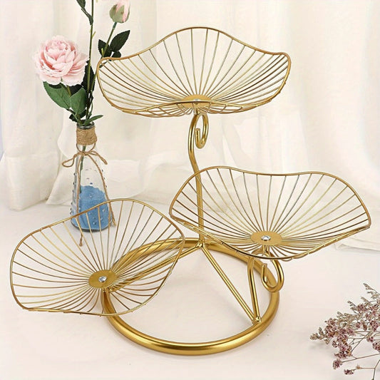 Fruit Basket Stand, 3-Tier Iron Wire Bowls with Lotus Leaf Design, Golden Tone