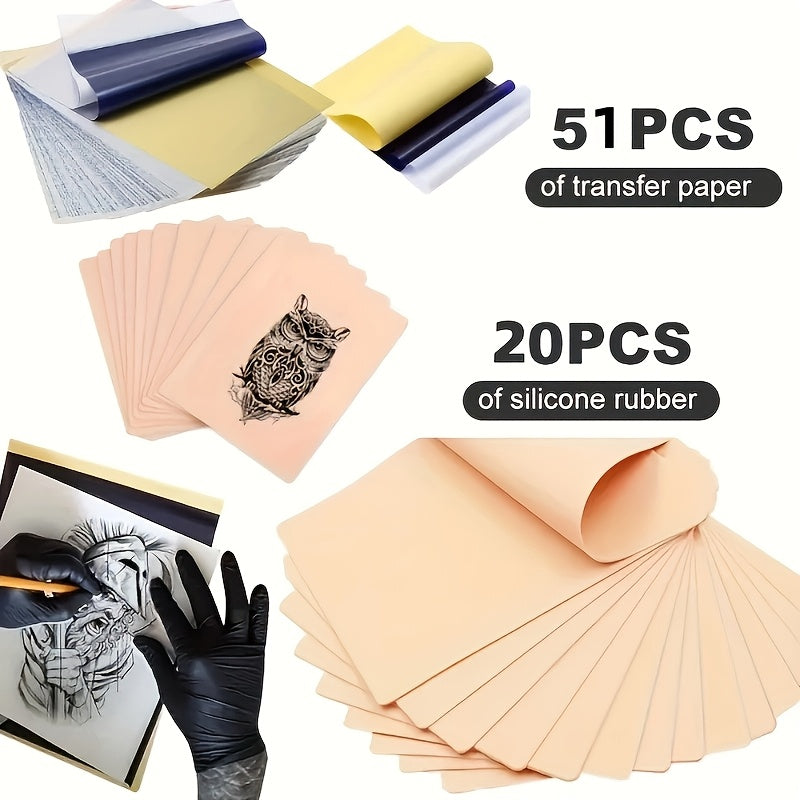 Tattoo Practice Skin Kit – Double-Sided Silicone Training Skin with Transfer Papers for Microneedling, Eyebrow & Lip Tattoo – Soft & Durable Beginner Set (34pcs or 71pcs)