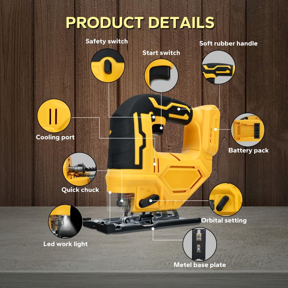 Cordless Jigsaw Compatible with DeWalt 20V Battery - Variable Speed 0-2700 RPM, 80mm Cutting Depth, LED Work Light, 0°-45° Bevel, 3 Orbital Settings for Wood Metal PVC Cutting