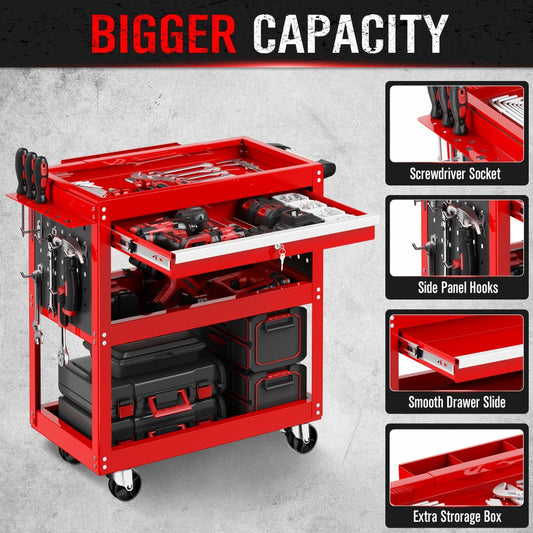 Rolling Tool Cart, 3-Tier with Removable Pegboard, Locking Drawer and 330 lb Capacity
