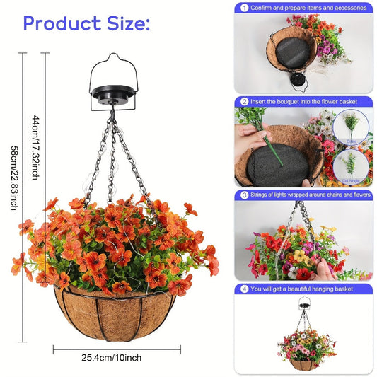 Solar Hanging Flower Basket with RGB Lights, 10-Inch Orange Artificial Flowers