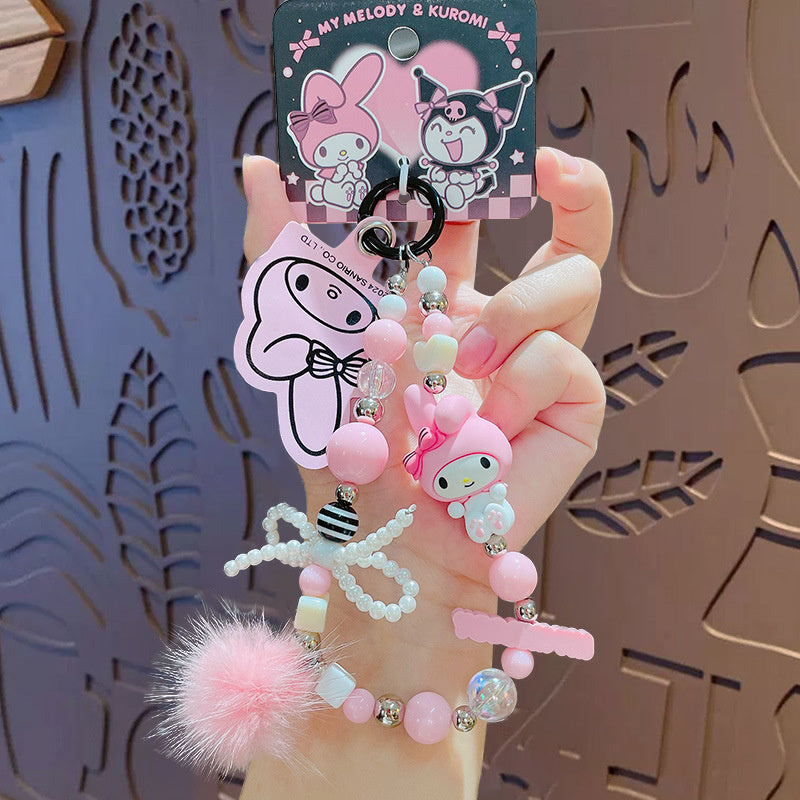 Kawaii Beaded Phone Chain Keychain Sanrio Kuromi My Melody Anime Backpack Pendant – Cute Mobile Strap Charm Accessory Gift for Girls Teens Anime Fans Collectors