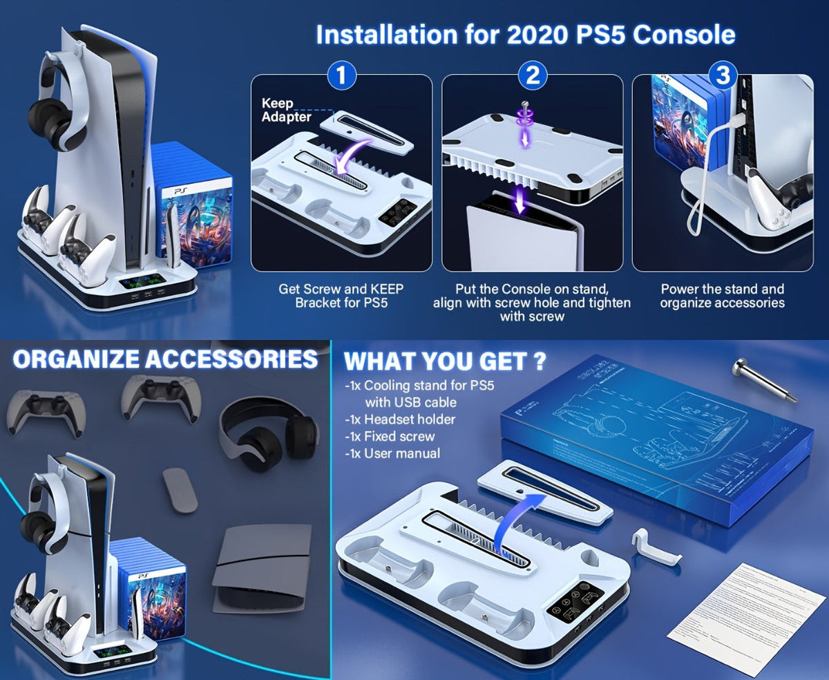 Auto Turbofan PS5 Cooling Stand with 3-Level Speed Control & Dual Controller Charger for PS5 / PS5 Slim / PS5 Pro – Charging Station for All PlayStation 5 Console Editions, Great Christmas Gift
