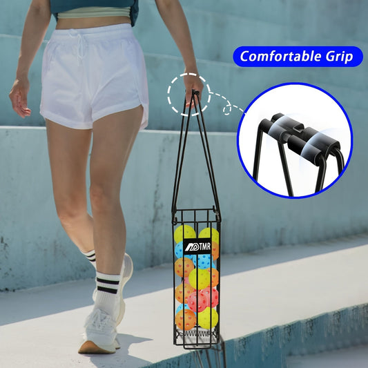 Ball Hopper Basket for Pickleball and Tennis, Aluminum Alloy with Carry Handle, Black