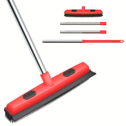 Pet Hair Removal Broom with Silicone Bristles and Squeegee for Floors, Red