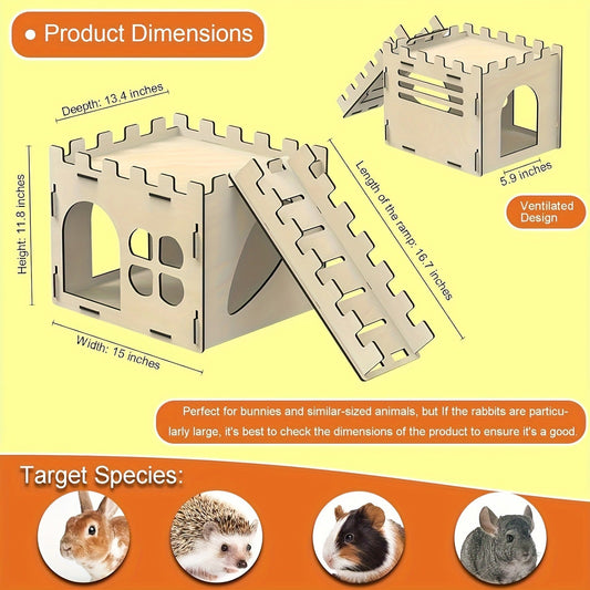 Wooden Rabbit Castle House with Detachable Panels for Small Pet Hideouts
