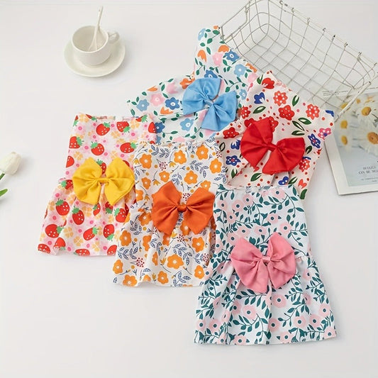 Floral Dog Dress with Bow for Small Pets, Pink and Red Size Options