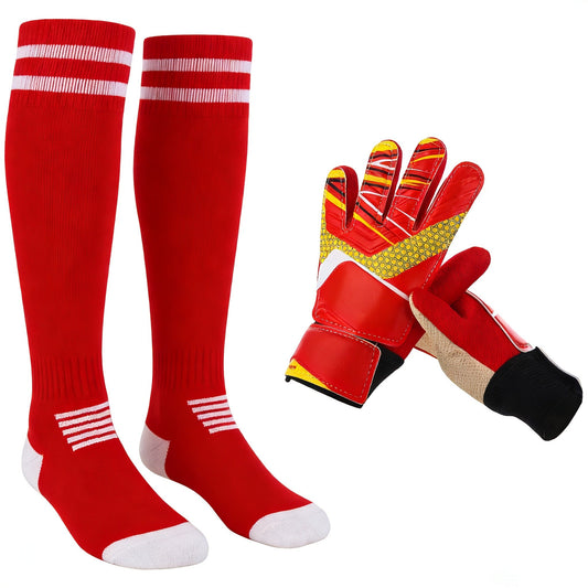 Soccer Goalkeeper Gloves and Socks Set, Red Latex Palm with Finger Guards