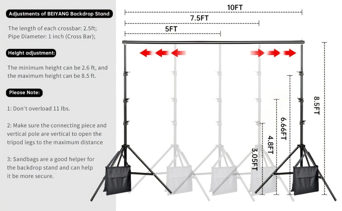 Photography Background Stand 10x8.5 FT Adjustable – Photo Backdrop Support System for Video Studio, Portrait & Streaming with Portable Carry Bag & Clamps Included