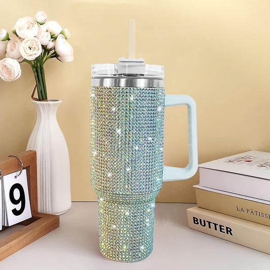 Rhinestone Tumbler with Handle and Straw Lid, 40 oz Insulated Silver Cup
